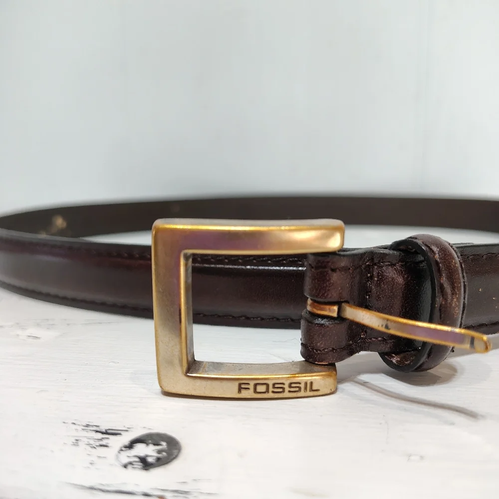 Fossil Brown Leather Belt Gold Buckle Men’s 39.5” Classic Casual Dress‎